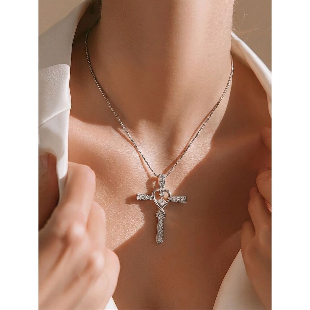 Silver Infinity Heart Cross Rhinestone Necklace Elegant Christian Faith Jewelry